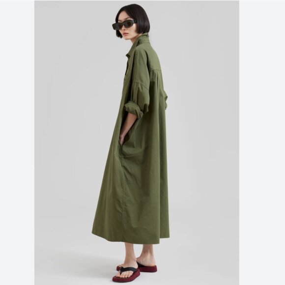 The Frankie Shop | Kason Oversized Shirt Dress Button Front Midi Dark Olive OS - Picture 15 of 16